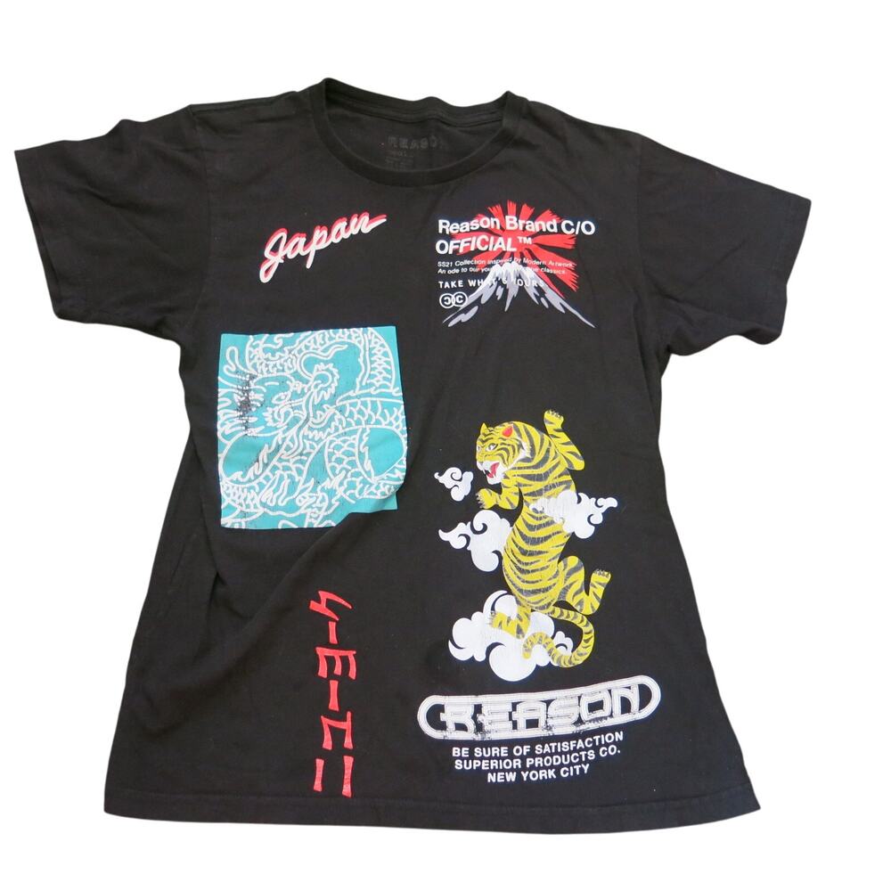 Reason Brand JAPAN Anime Dragon Tiger T Shirt Size M Mens Black Logo Fantasy